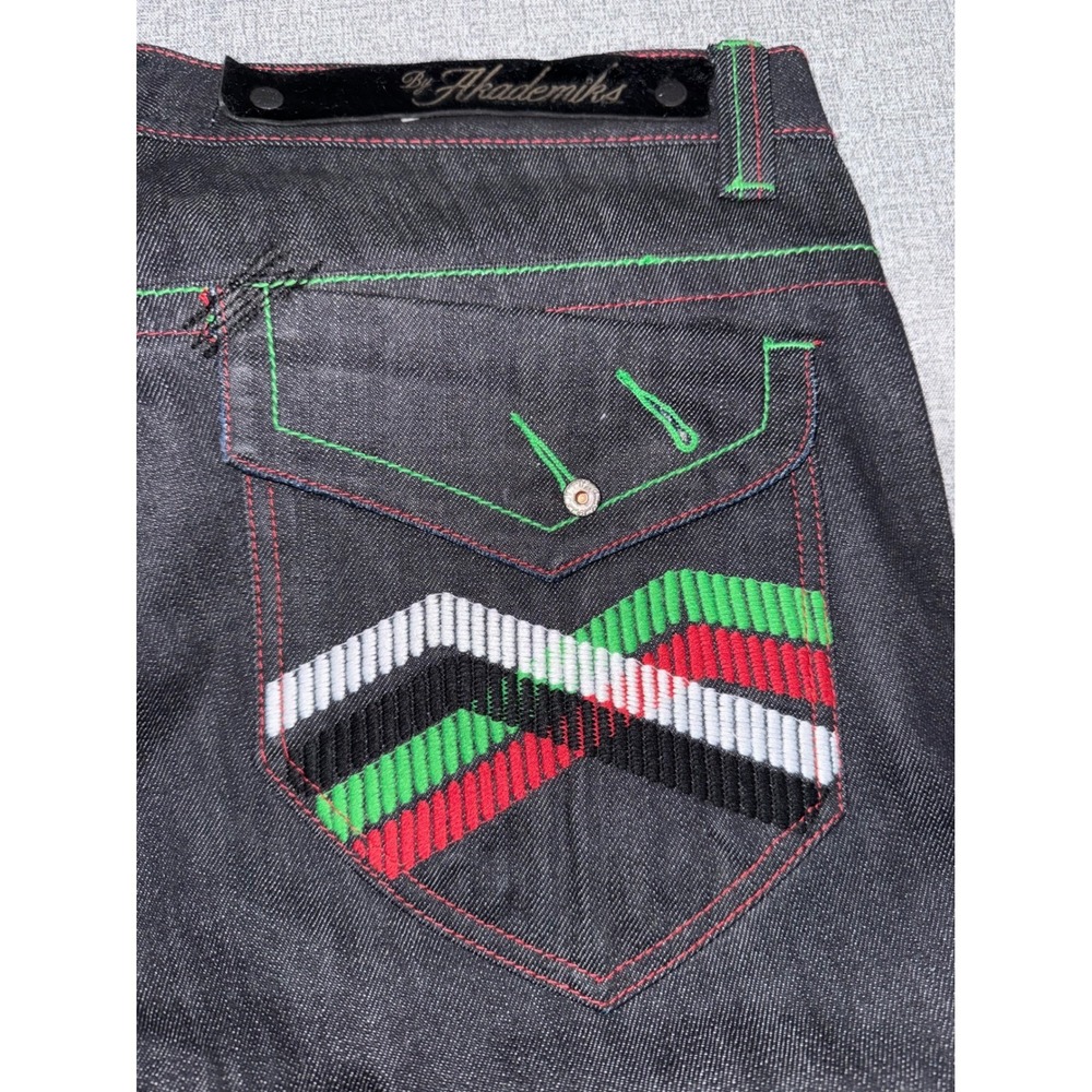 NWOT Akademiks 36 Jeans Black Raw Denim Red Green Contrast Stitch Hip Hop Y2k